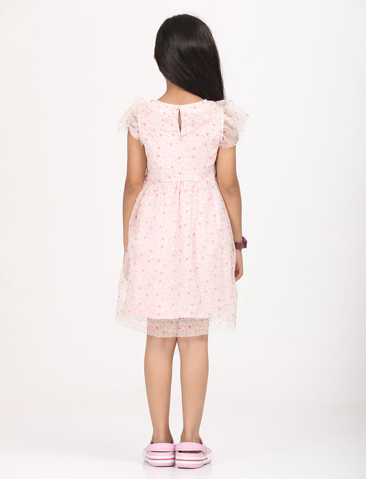 Zion Mesh Cap Sleeves All Over Print Fit and Flare Dress - Peach
