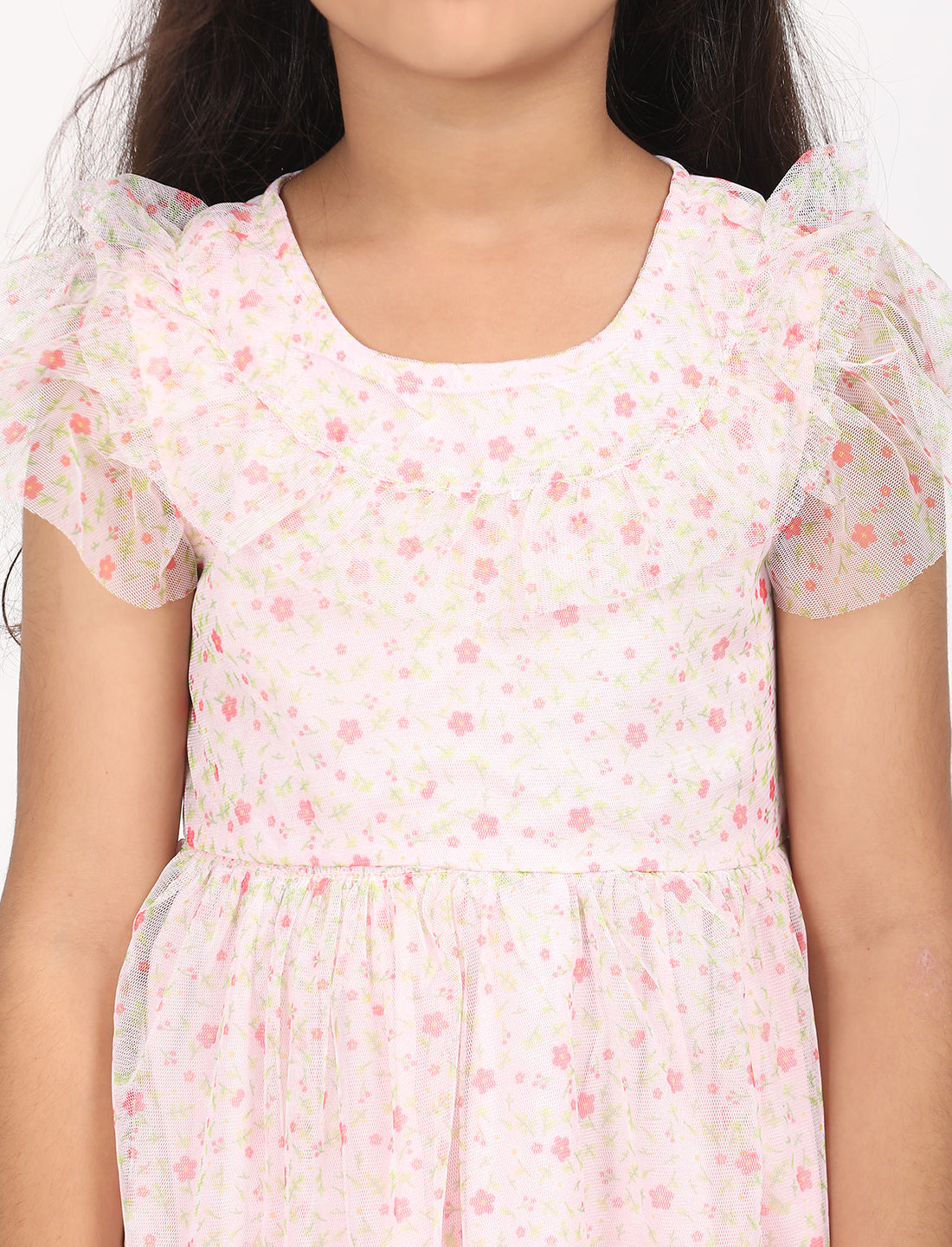 Zion Mesh Cap Sleeves All Over Print Fit and Flare Dress - Peach