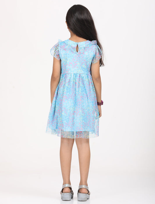 Zion Mesh Cap Sleeves All Over Print Fit and Flare Dress - Blue