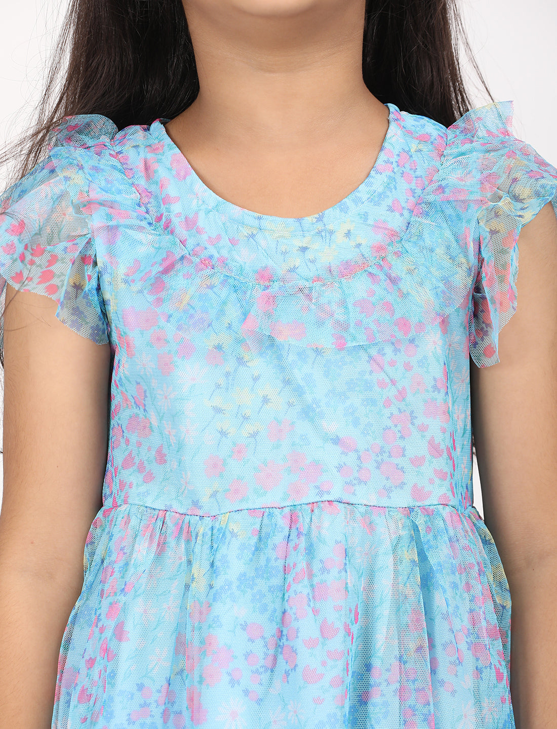 Zion Mesh Cap Sleeves All Over Print Fit and Flare Dress - Blue