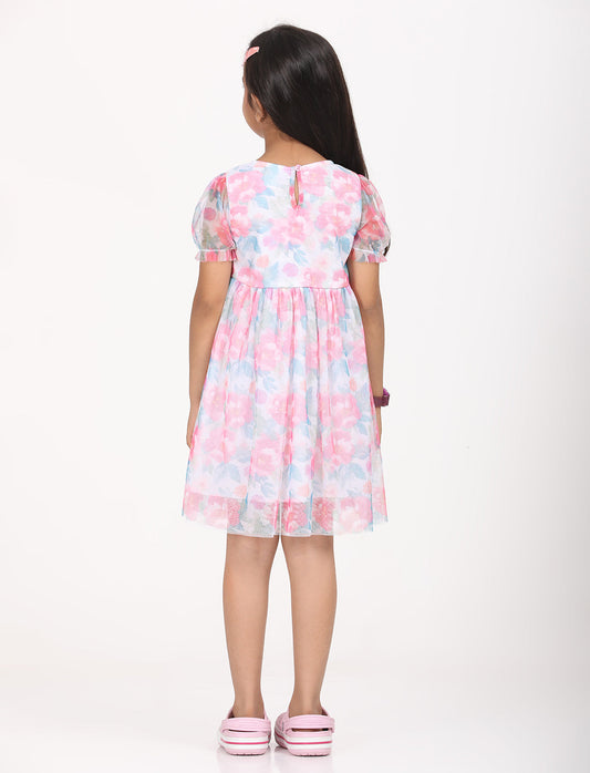 Zion Girls Fit and Flare Dress in All Over Printed Floral Mesh -Blue