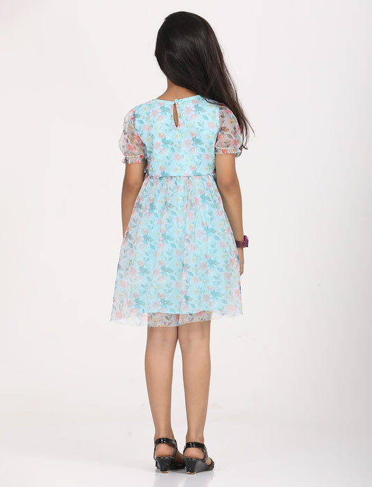 Zion Girls Fit and Flare Dress in All Over Printed Floral Mesh -Green