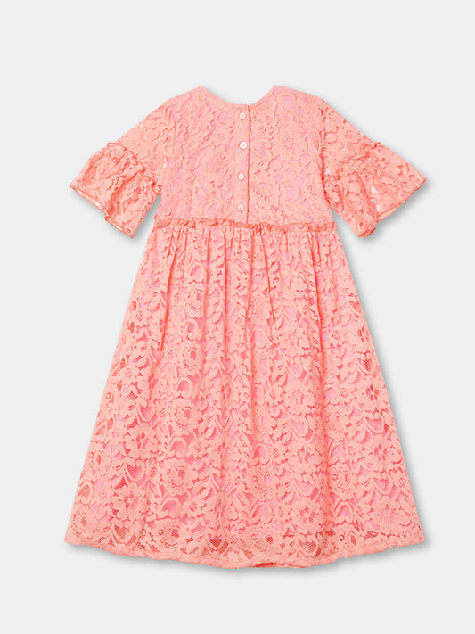 Zion Girls Lace Dress with Bell Sleeves & Ruffles - Peach
