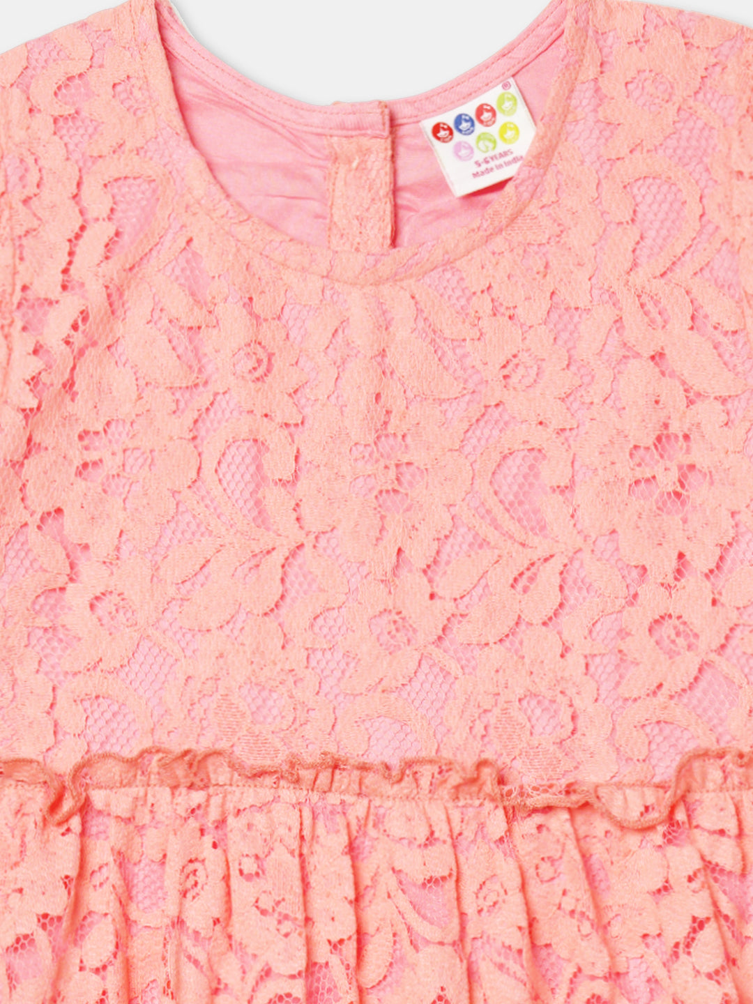 Zion Girls Lace Dress with Bell Sleeves & Ruffles - Peach