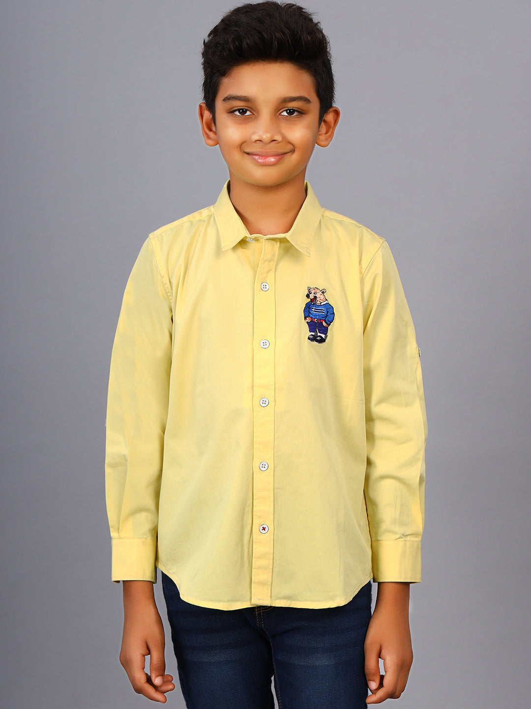 Zion Boys Shirt with Bear Embroidery & Epaulettes-Yellow