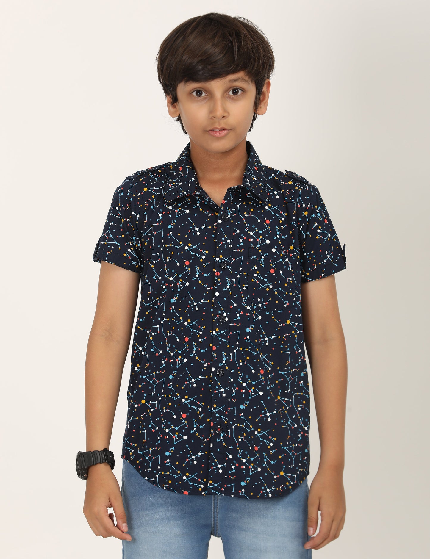 Zion Boys Cotton Half Sleeve Shirt with Dotted Print - Navy
