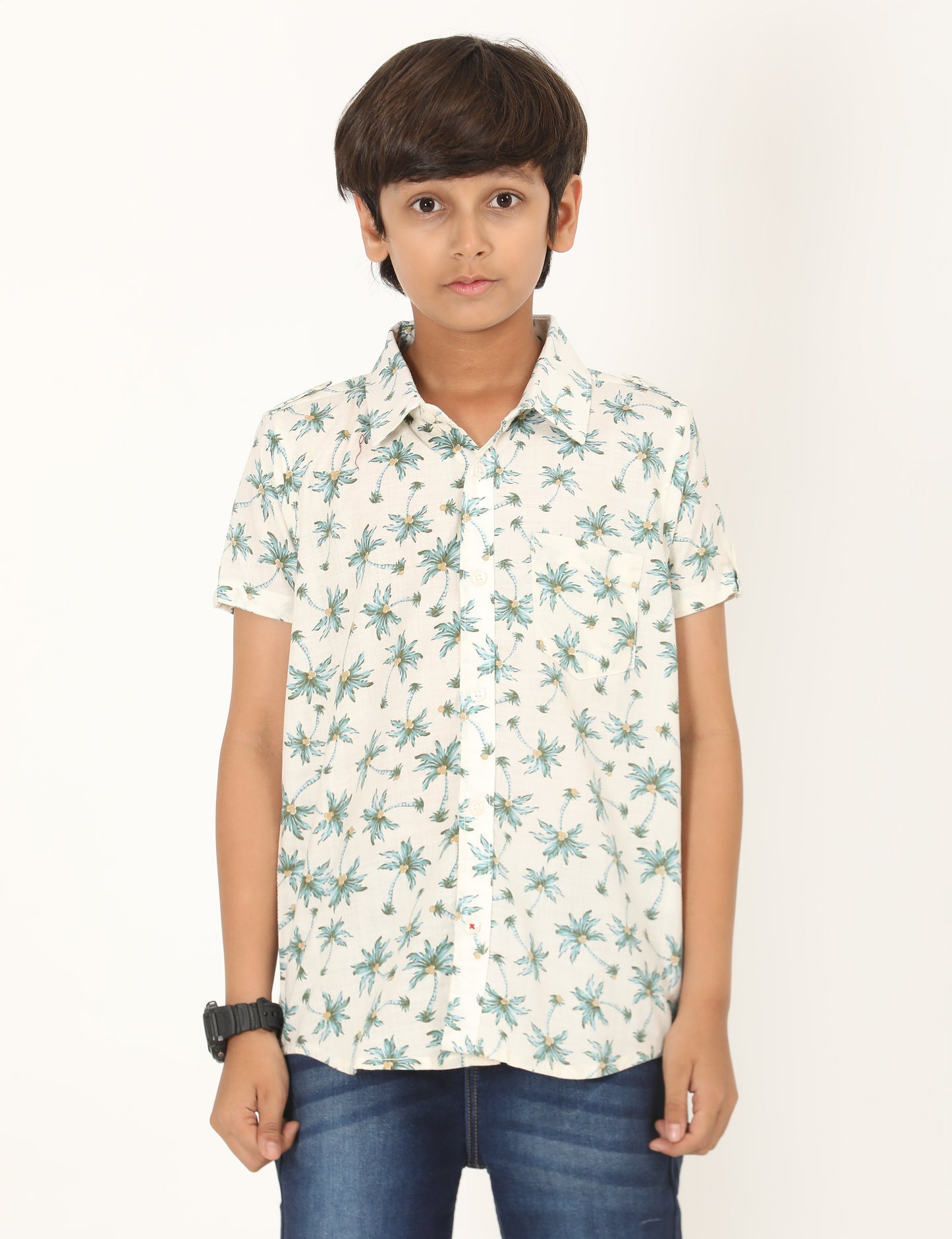 Zion Boys Cotton Half Sleeve Shirt with Plam Tree Printed - Off White