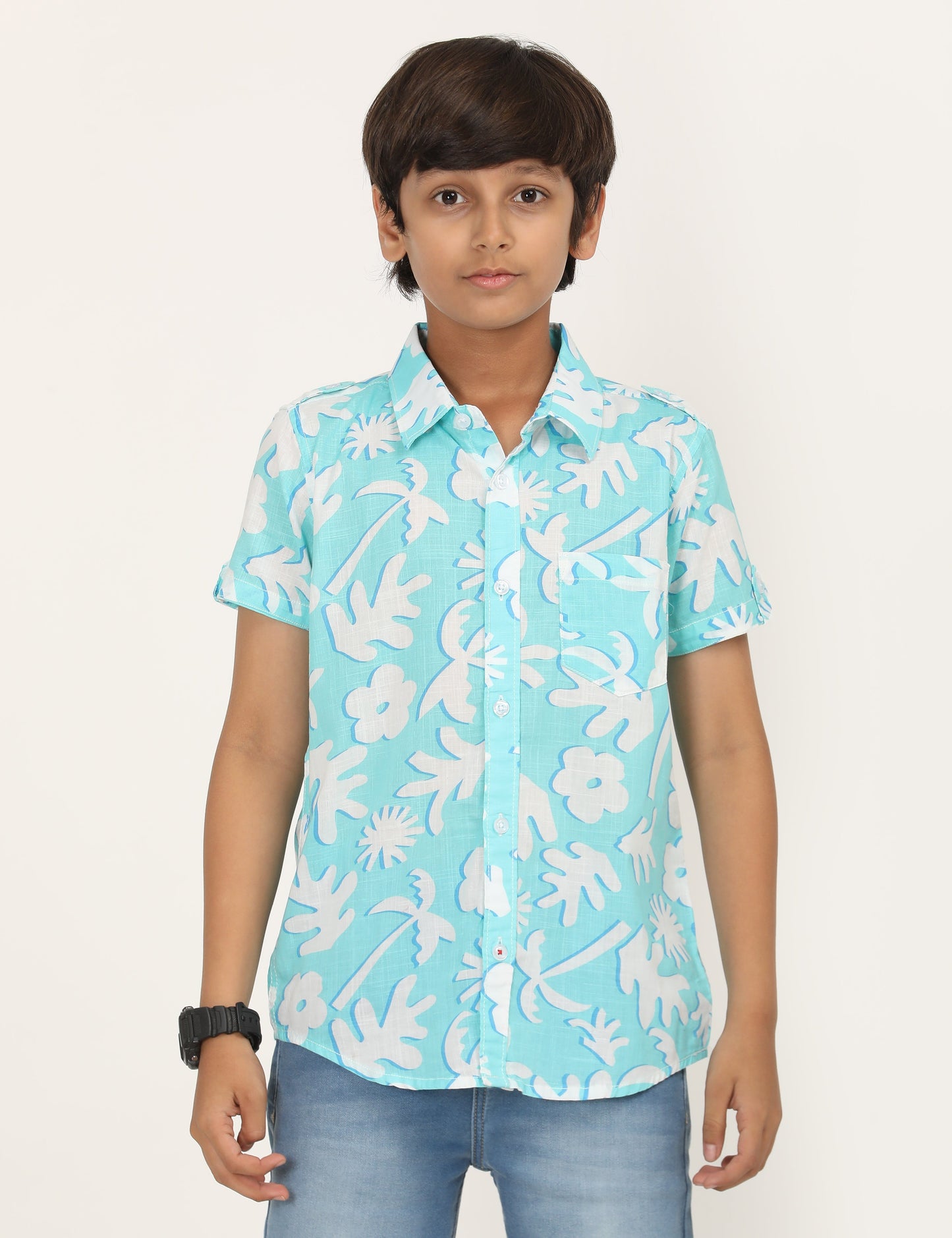 Zion Boys Cotton Half Sleeve Shirt with Abstract Floal Printed - Aqua