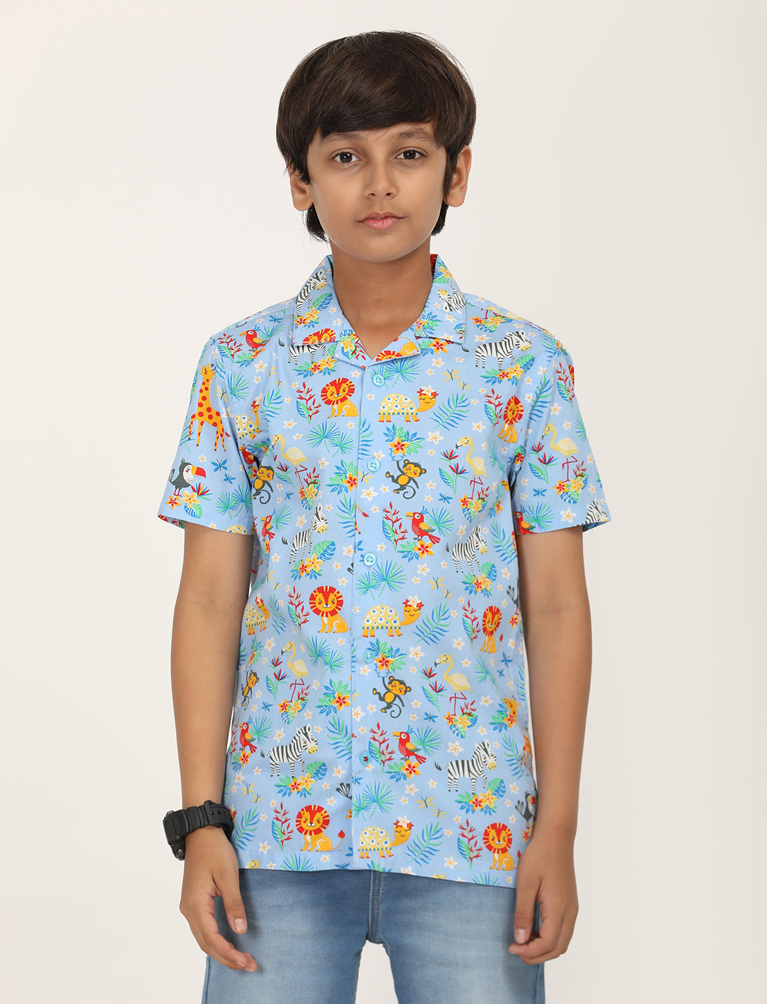 Zion Boys Cotton Half Sleeve Open Collar Shirt with Conversational Print - Aqua