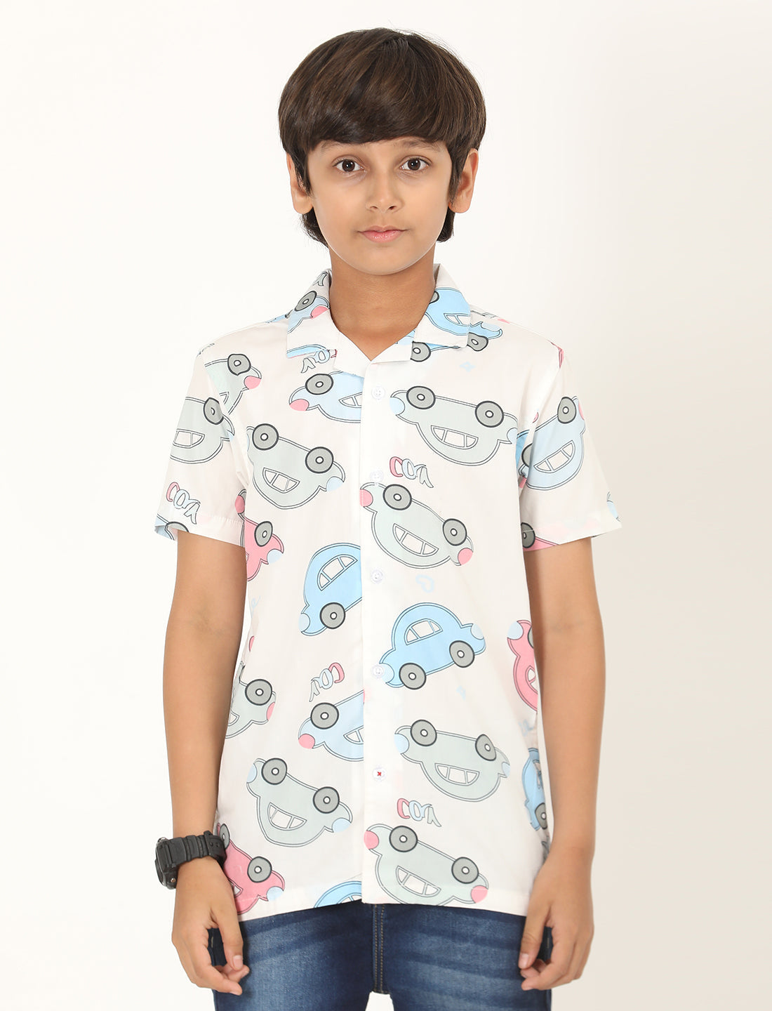 Zion Boys Cotton Half Sleeve Open Collar Shirt with Car Print - Multi