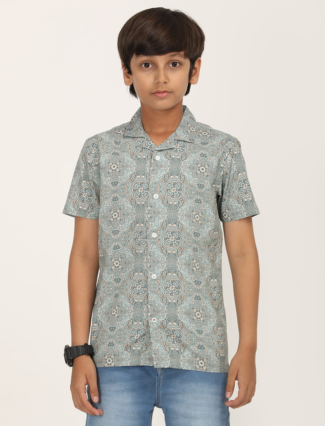 Zion Boys Cotton Half Sleeve Open Collar Shirt with Geometric floral Printed - Olive