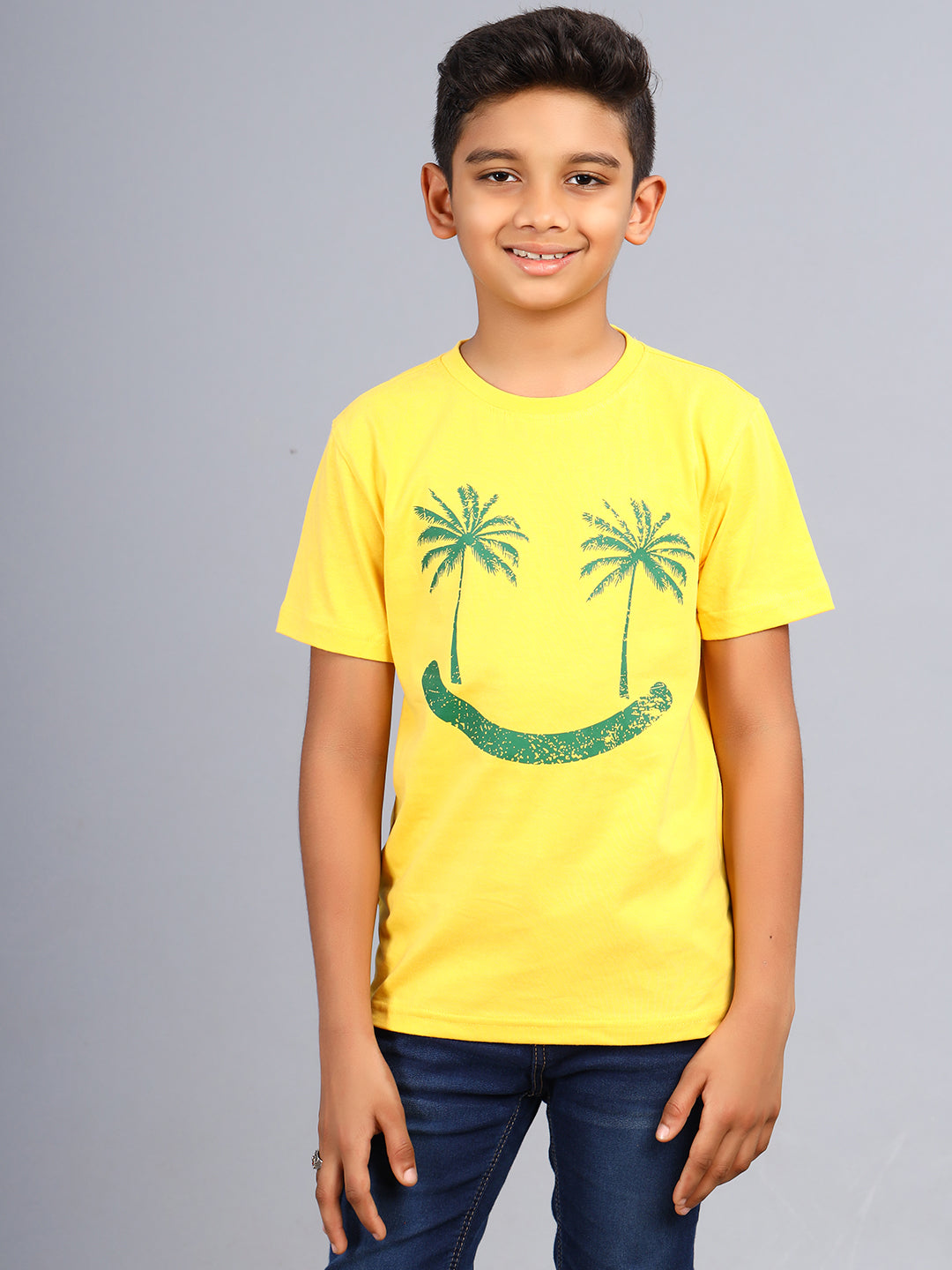 Zion Boys Crew Neck Tshirt in Smiley Palm Tree Print-Yellow