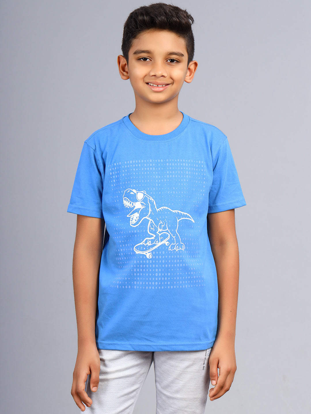 Zion Boys Crew Neck Tshirt in Dino Print-Blue