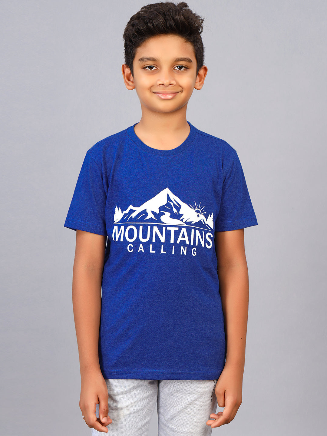 Zion Boys Crew Neck Tshirt in Mountain Print-Blue Melange
