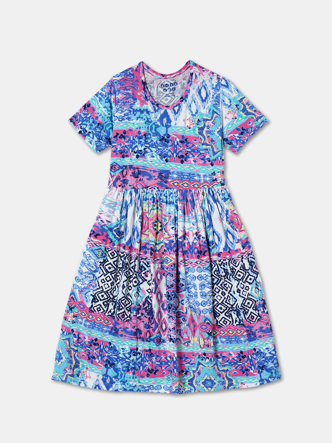Zion Girls Printed Fit and Flare Jersey Dress.-Blue