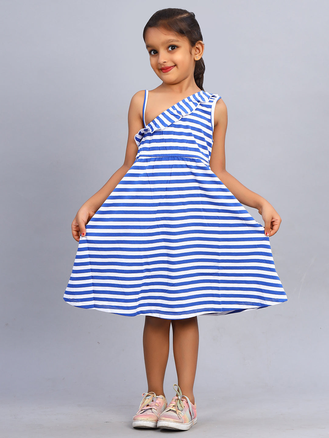 Zion Girls Printed Flared Dress with Half Shoulder & Ruffle highlights - Blue