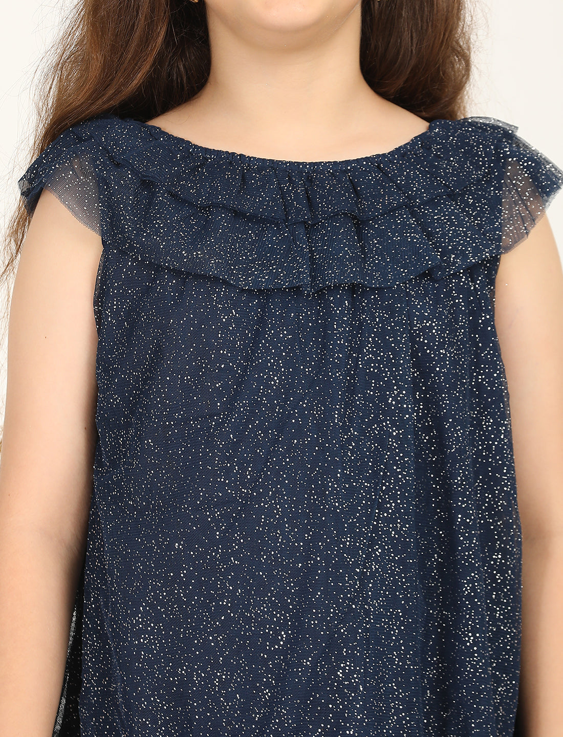 Zion Shimmered Mesh Sleeveless A Line Dress - Navy
