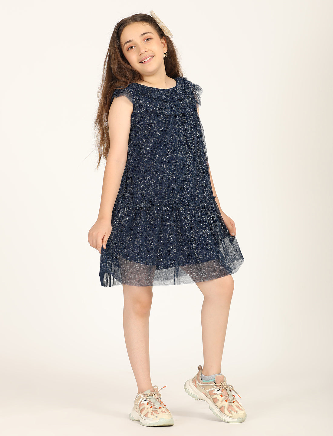 Zion Shimmered Mesh Sleeveless A Line Dress - Navy