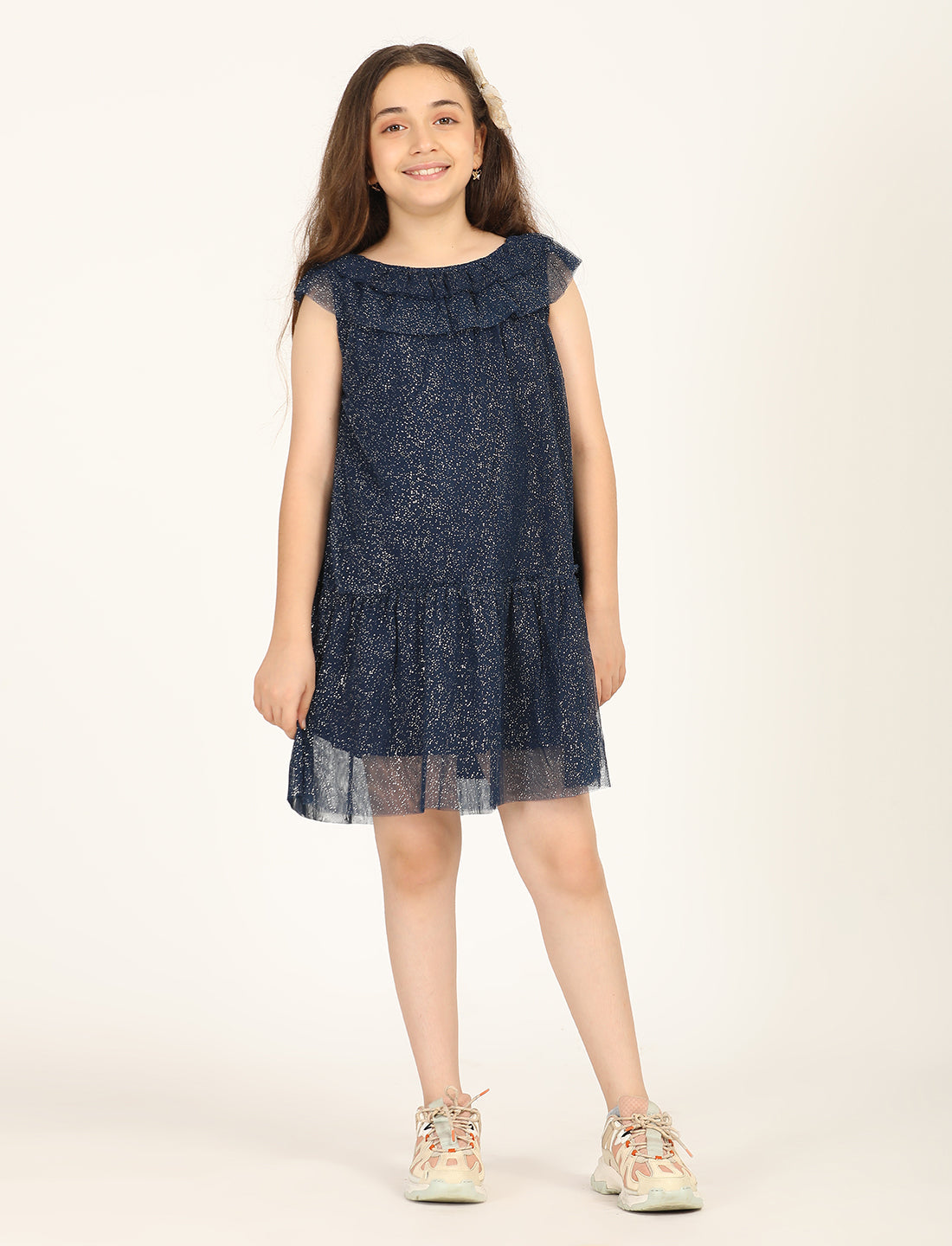 Zion Shimmered Mesh Sleeveless A Line Dress - Navy