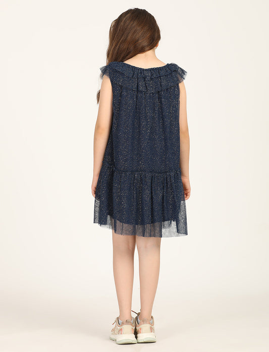 Zion Shimmered Mesh Sleeveless A Line Dress - Navy