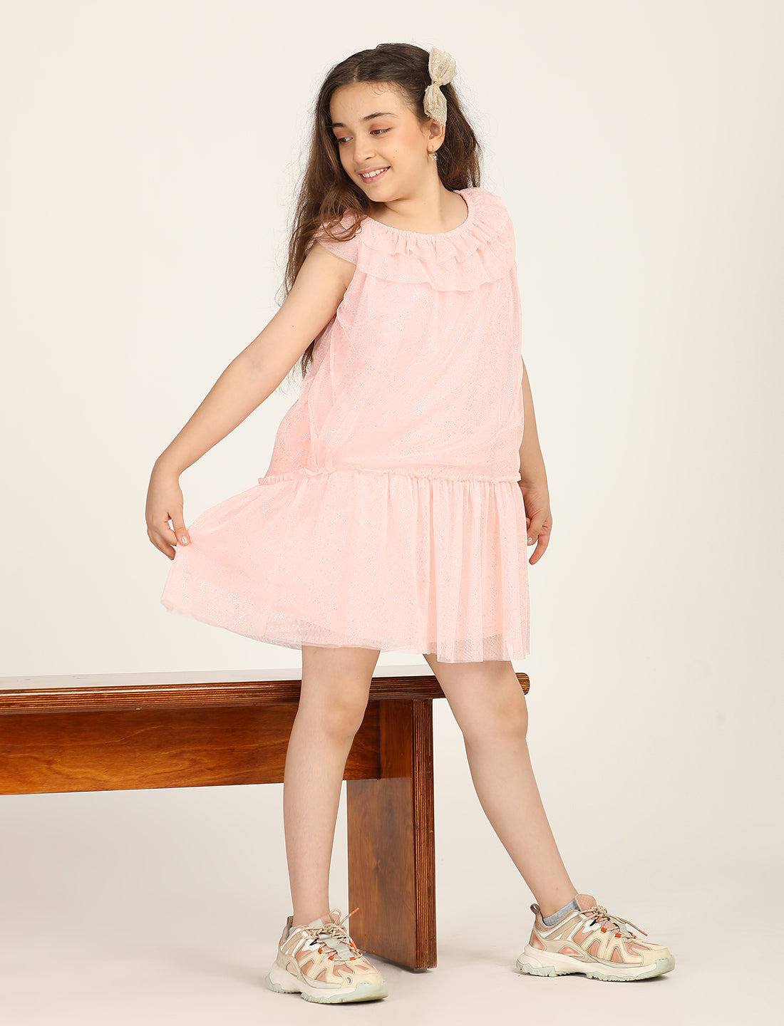 Zion Shimmered Mesh Sleeveless A Line Dress - Peach