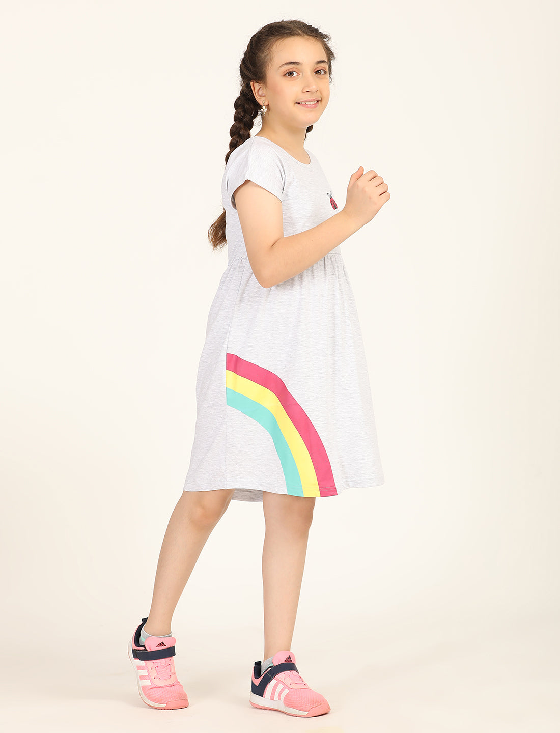 Zion Girls Rainbow print fit and Flare Dress-white Melange