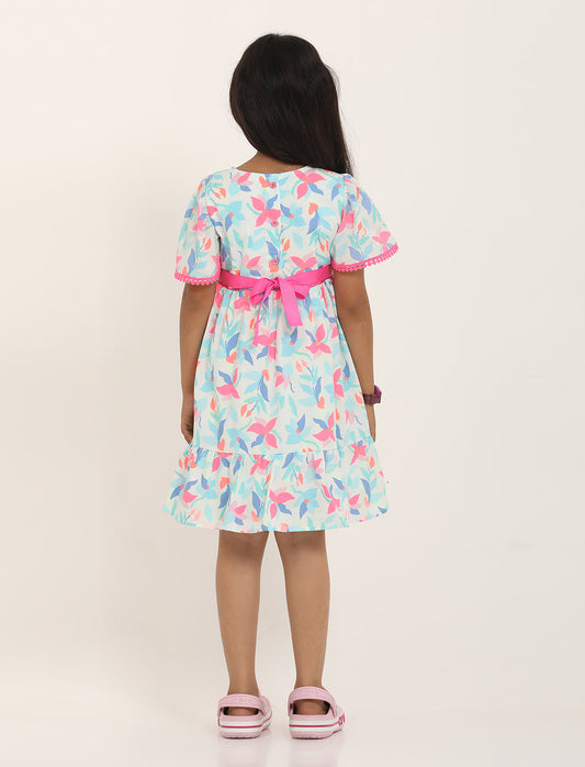 Zion Girls Printed Fit and Flare Dress with Flower Detail and Tie up Tape-Lt Blue
