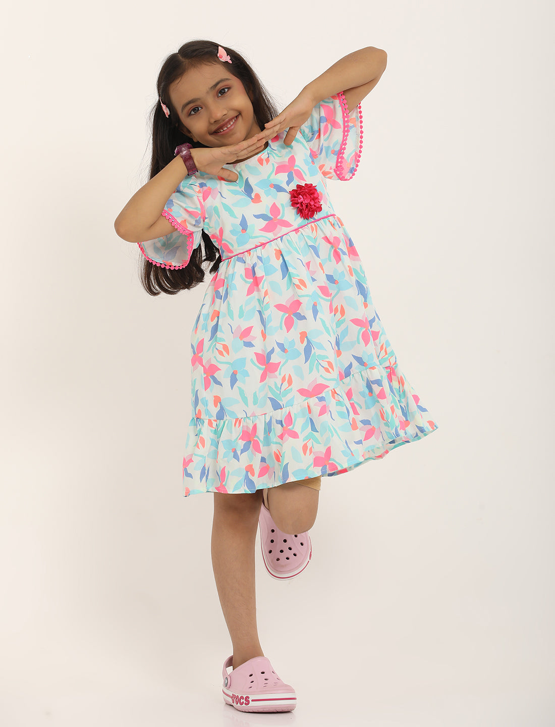 Zion Girls Printed Fit and Flare Dress with Flower Detail and Tie up Tape-Lt Blue