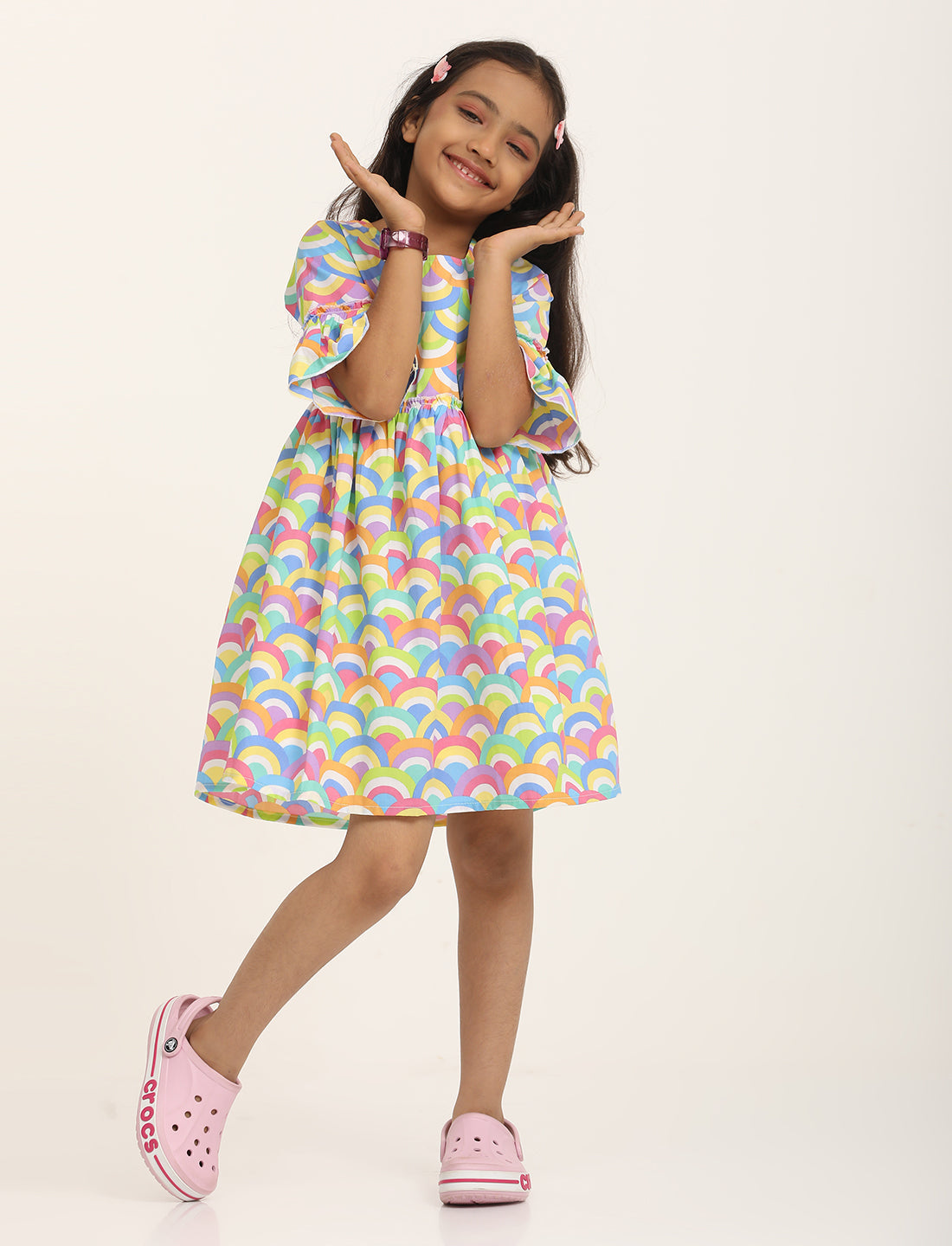 Zion Cotton Geometric Printed Bell sleeve Dress with ruffles Waist - Multi