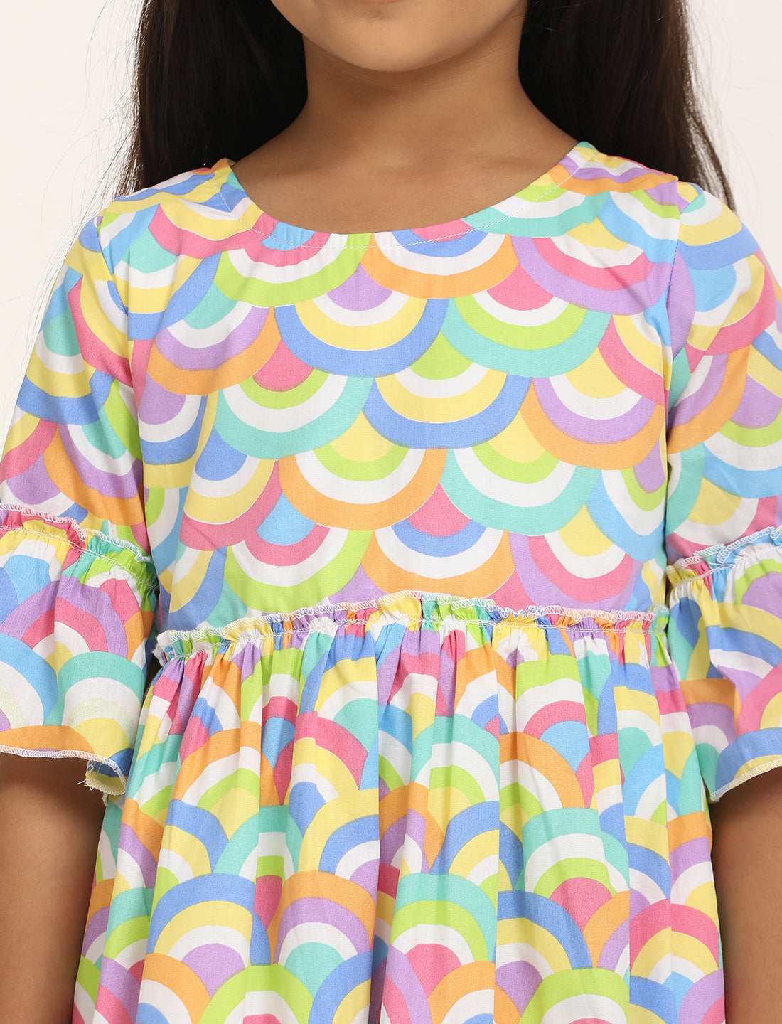 Zion Cotton Geometric Printed Bell sleeve Dress with ruffles Waist - Multi