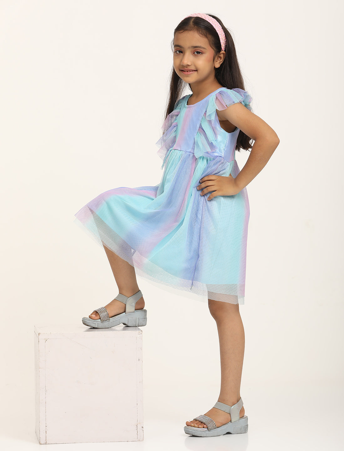 Zion Girls Fit and Flare Dress in Shimmer Mesh & Ruffle Highlights-Lavender