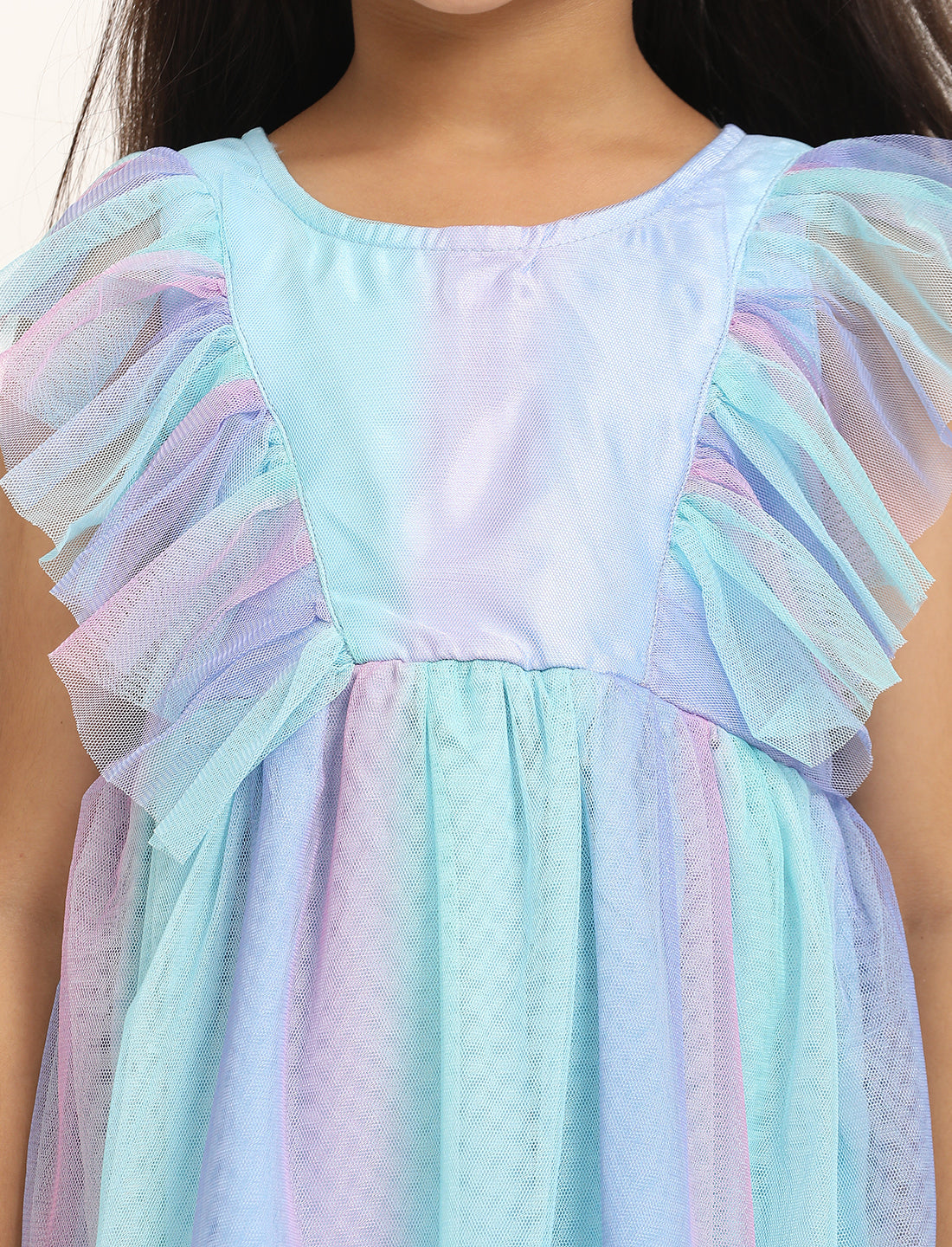 Zion Girls Fit and Flare Dress in Shimmer Mesh & Ruffle Highlights-Lavender