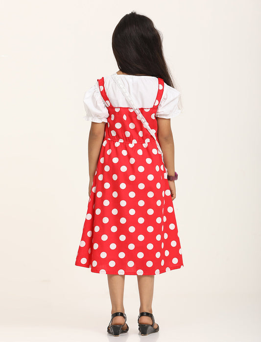 Zion Cotton Half Sleeves Polka Dot Printed Shoulder strap Dress with Sling Bag - Red