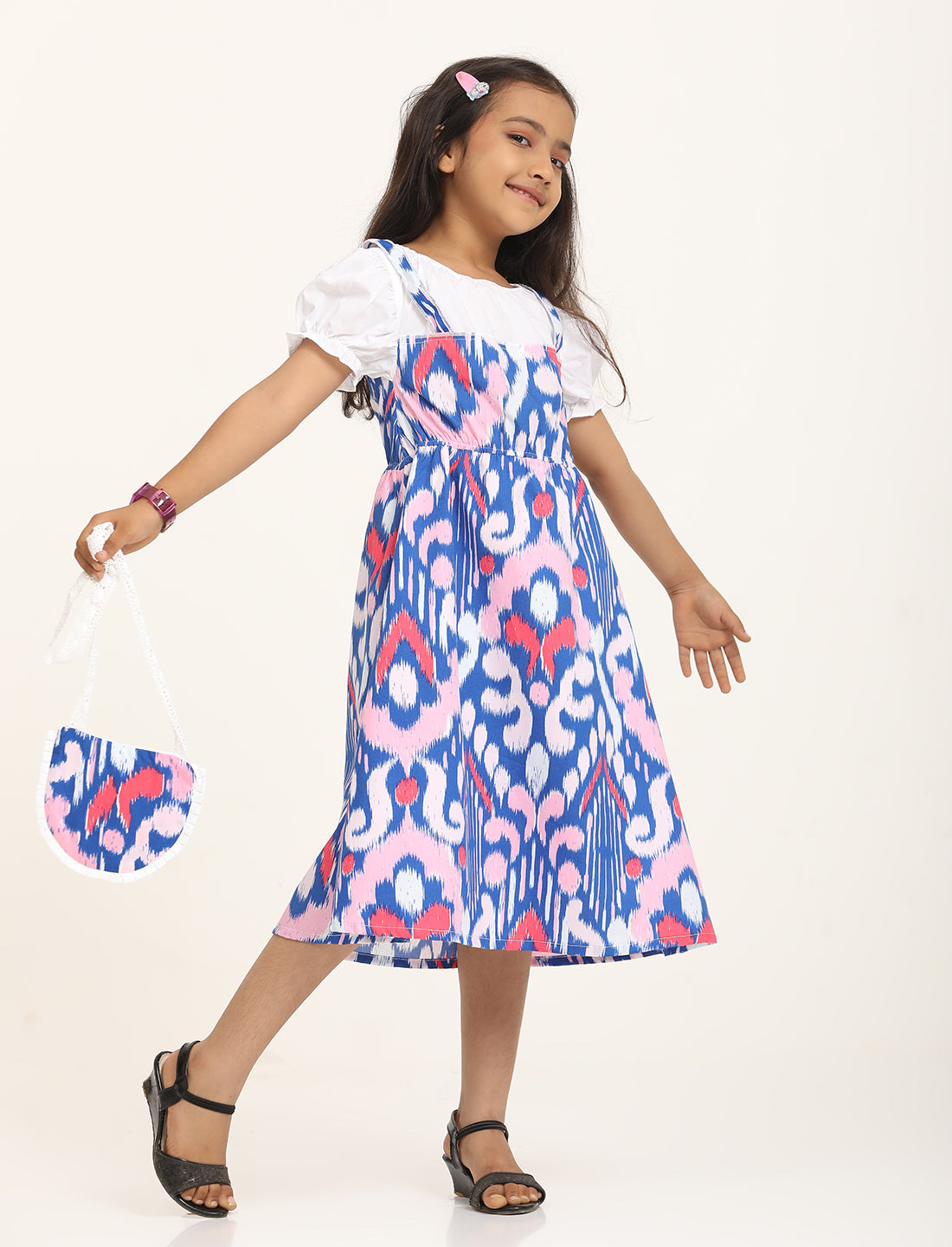 Zion Cotton Half Sleeves Bohemian Printed Shoulder strap Dress with Sling Bag - Royal Blue