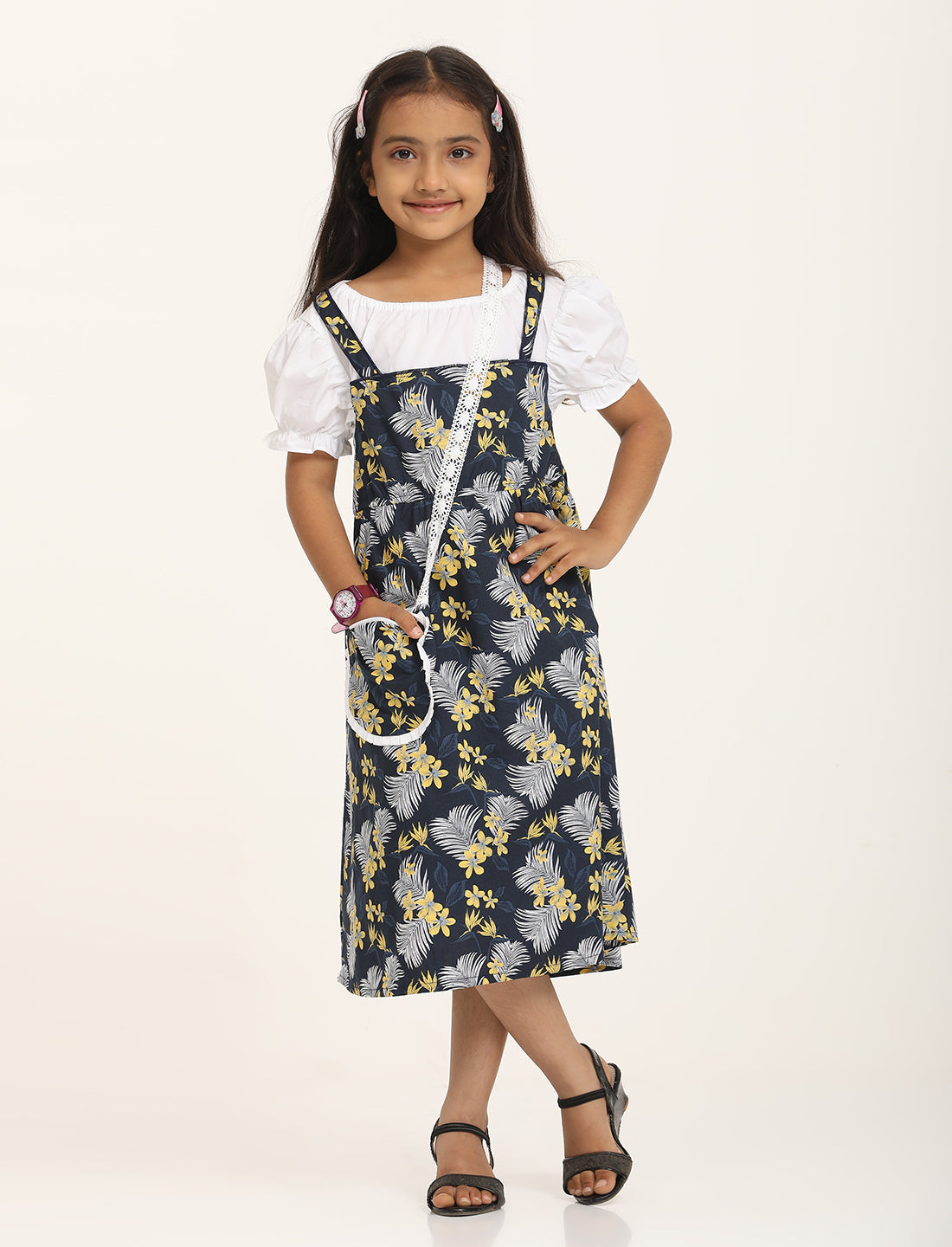 Zion Cotton Half Sleeves Tropical leaf Printed Shoulder strap Dress with Sling Bag - Navy Blue