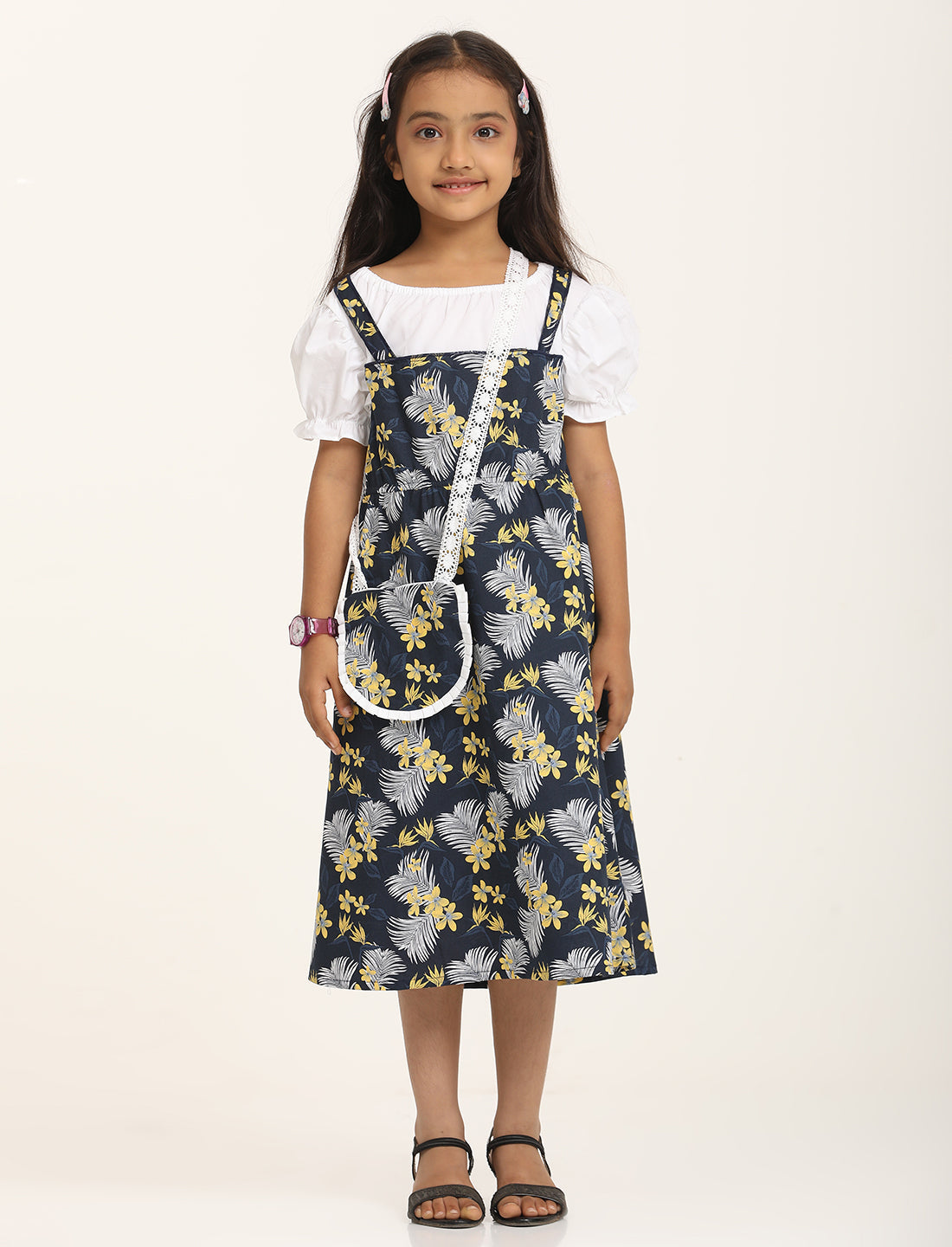 Zion Cotton Half Sleeves Tropical leaf Printed Shoulder strap Dress with Sling Bag - Navy Blue