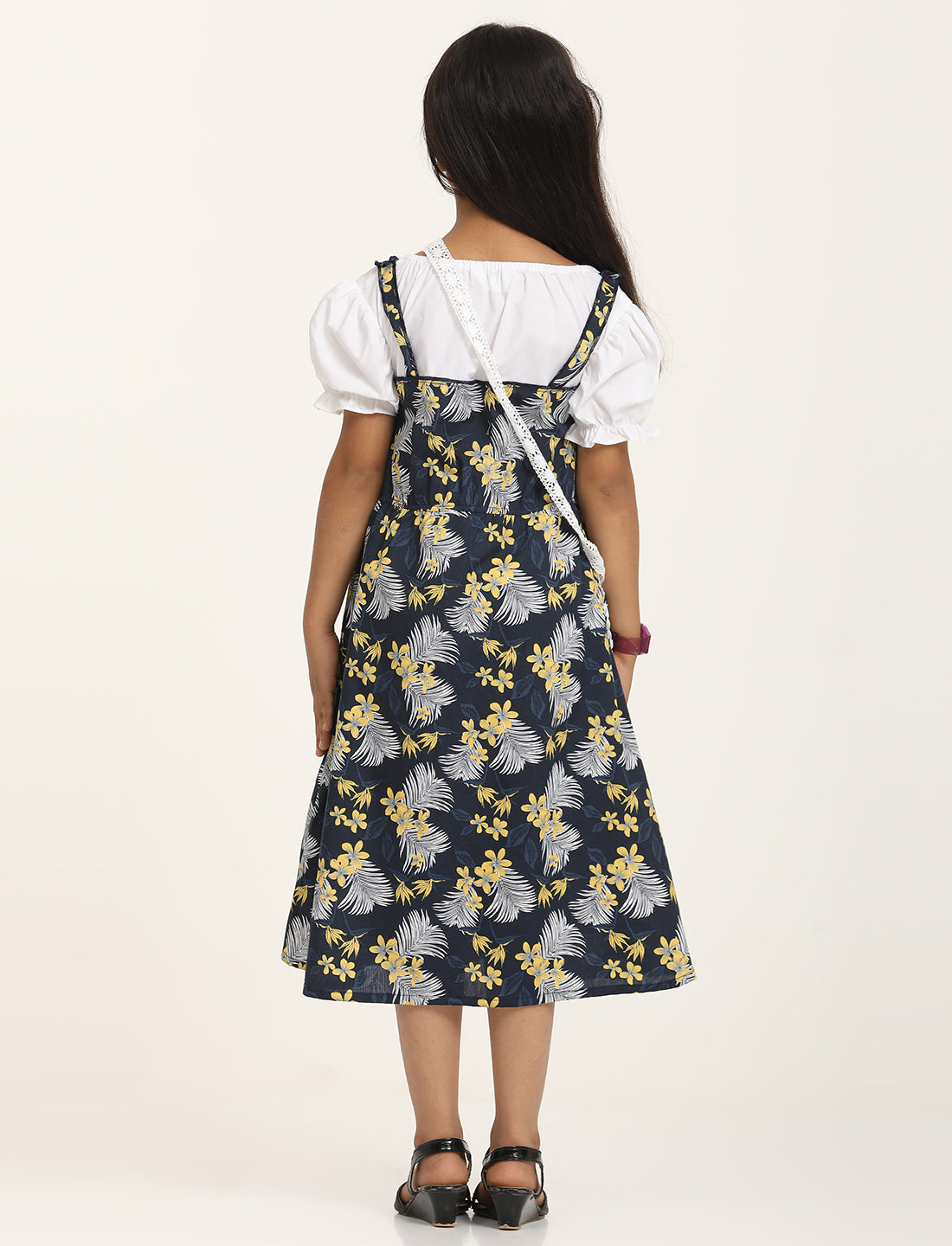 Zion Cotton Half Sleeves Tropical leaf Printed Shoulder strap Dress with Sling Bag - Navy Blue