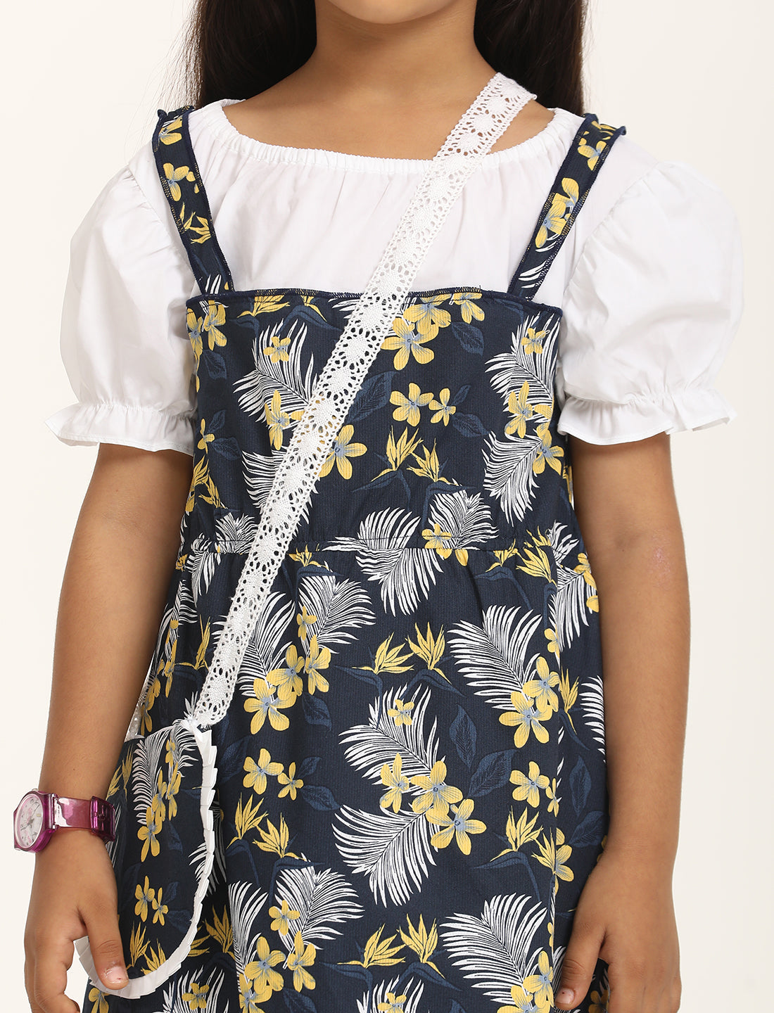 Zion Cotton Half Sleeves Tropical leaf Printed Shoulder strap Dress with Sling Bag - Navy Blue