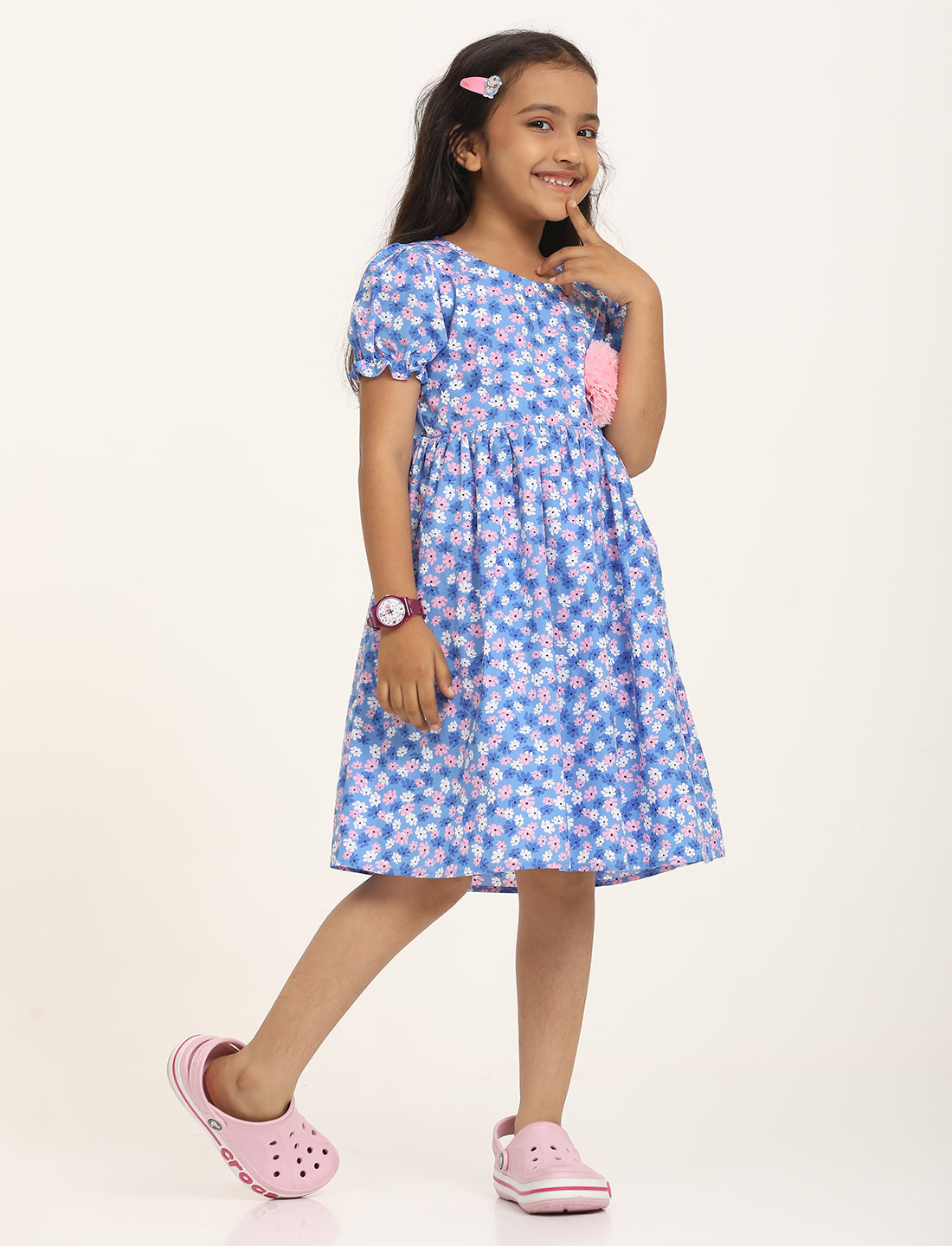 Zion Cotton Short sleeve Floral Printed Fit and Flare Dress - Blue