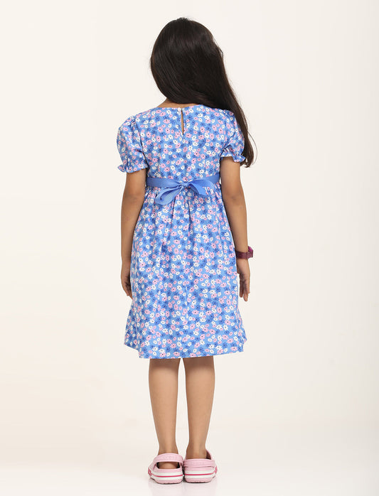 Zion Cotton Short sleeve Floral Printed Fit and Flare Dress - Blue