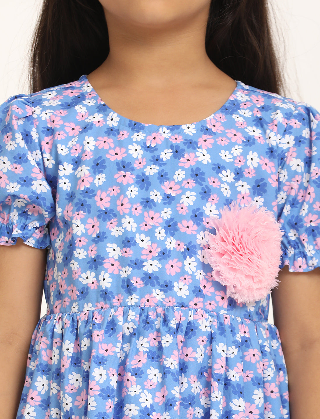 Zion Cotton Short sleeve Floral Printed Fit and Flare Dress - Blue