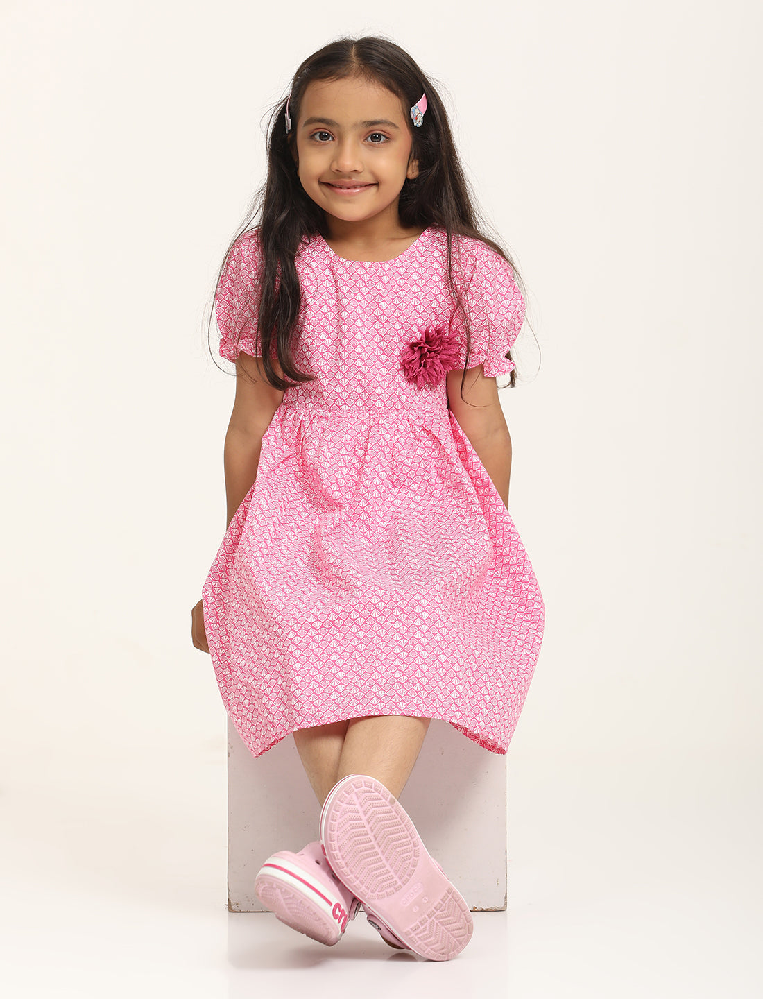 Zion Cotton Short sleeve Floral Printed Fit and Flare Dress - Pink