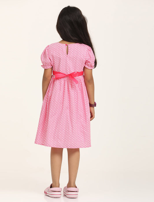 Zion Cotton Short sleeve Floral Printed Fit and Flare Dress - Pink