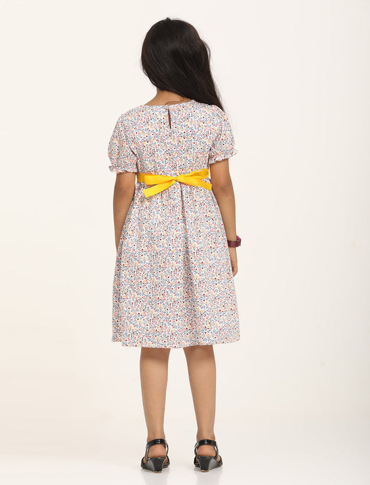 Zion Cotton Short sleeve Floral Printed Fit and Flare Dress - White