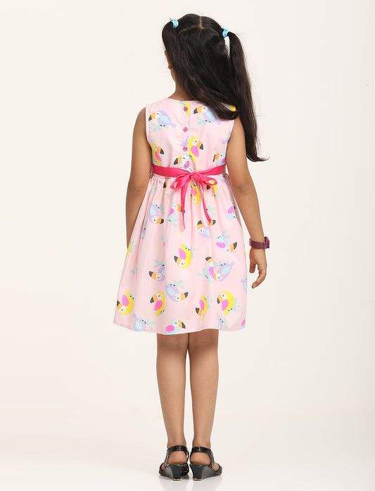 Zion Cotton Bird Printed Sleeveless Dress with Front Bow - Pink
