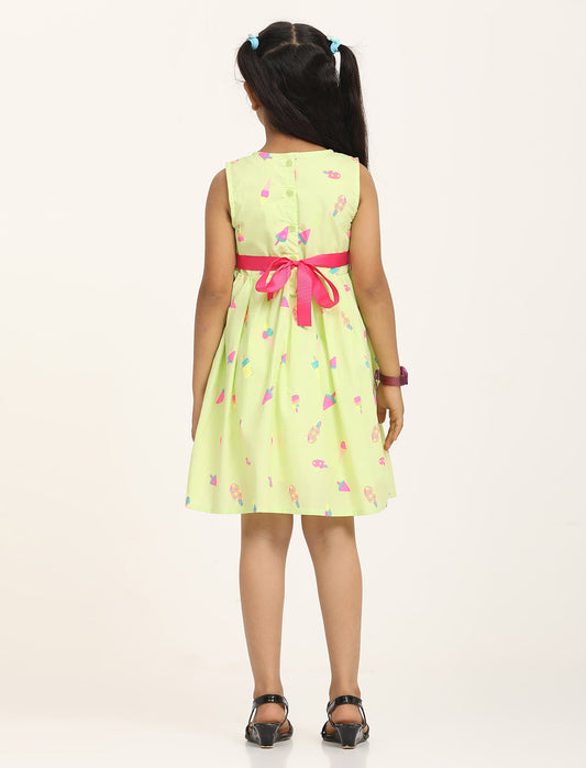 Zion Cotton Popsicle Printed Sleeveless Dress with Front Bow - Green