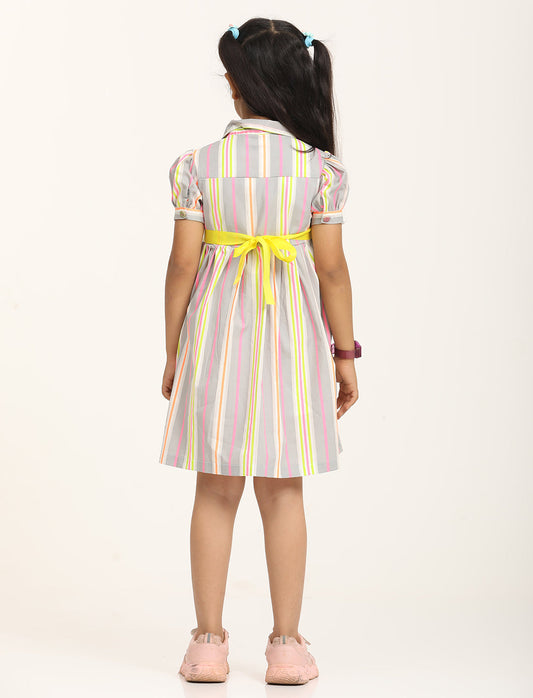 Zion Cotton Printed stripes Front Open Dress - Grey