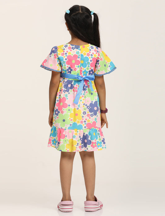 Zion Girls Printed Fit and Flare Dress with Flower Detail and Tie up Tape-Multi