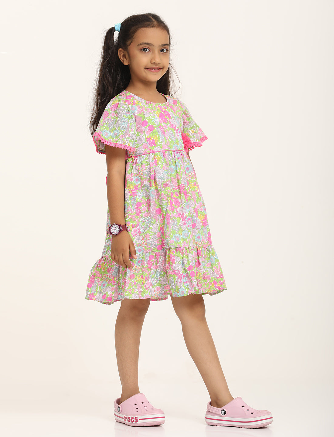Zion Girls Printed Fit and Flare Dress with Flower Detail and Tie up Tape-Green