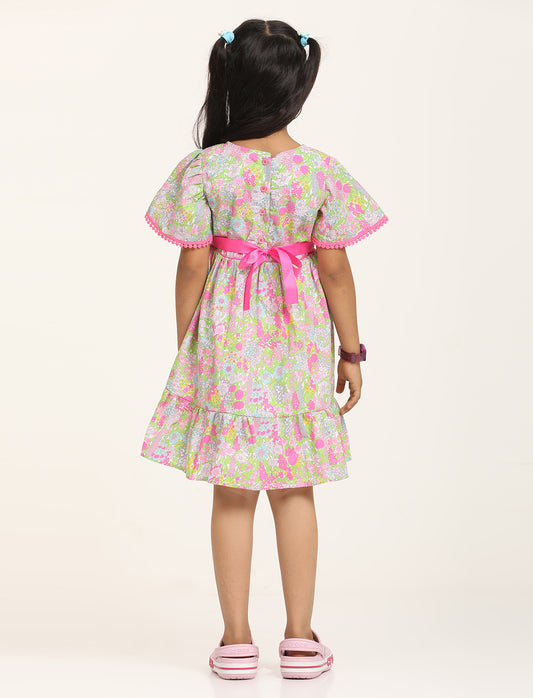 Zion Girls Printed Fit and Flare Dress with Flower Detail and Tie up Tape-Green